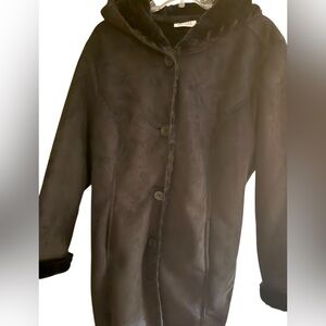 A&Co Faux Shearling Hooded Coat Sherpa Lined Black Size M 31”
